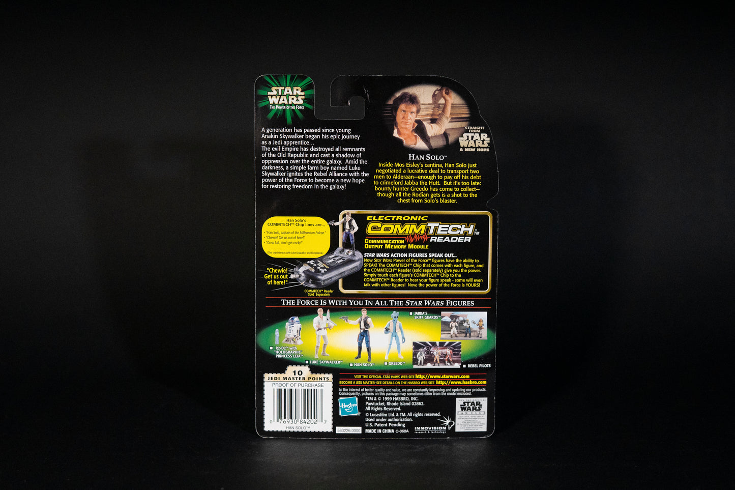 Han Solo with Blaster Pistol & Holster, Star Wars, The Power of the Force, Comm Talk Chip, Hasbro, 1999, Box Sealed