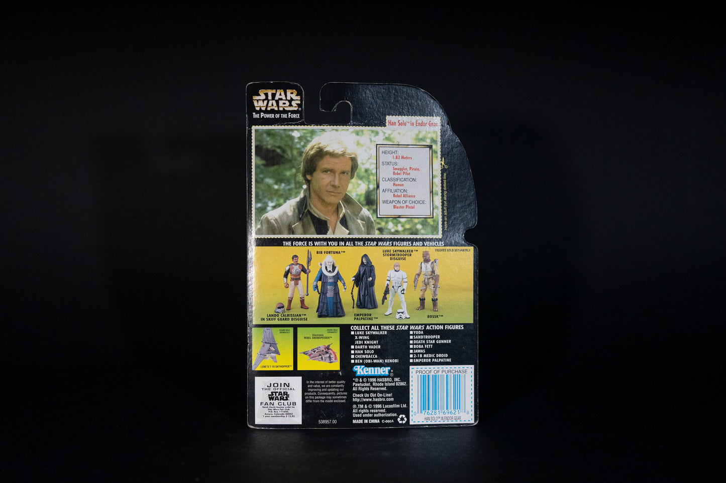 Han Solo in Endor Gear with Blaster Pistol, Star Wars, The Power of the Force, Kenner, 1996, Box Sealed