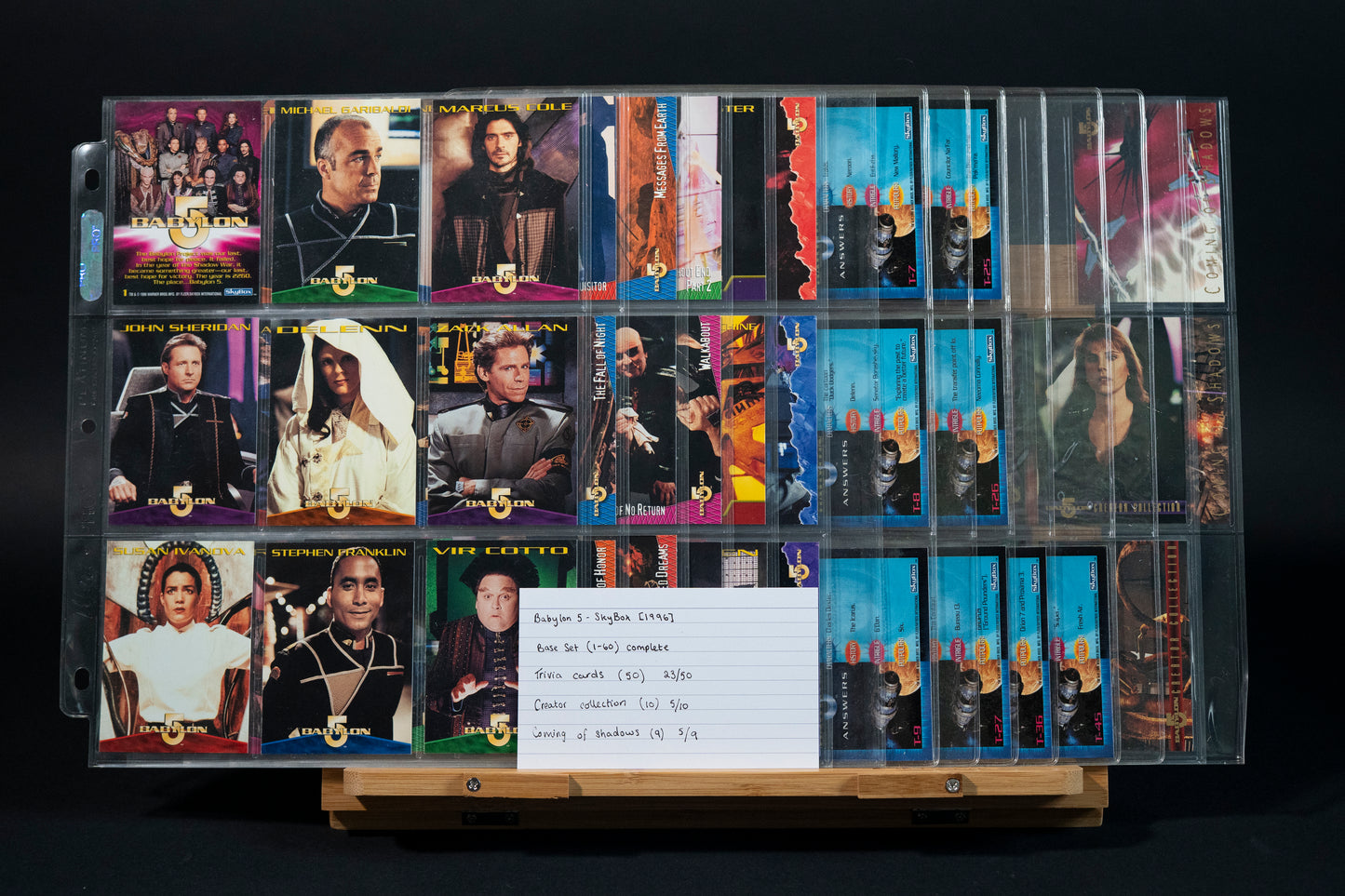 Babylon 5 Trading Cards, SkyBox, 1996, Complete Base Set (1-60) Bundle with Trivia, Creator, and Coming of Shadows cards in binder pages