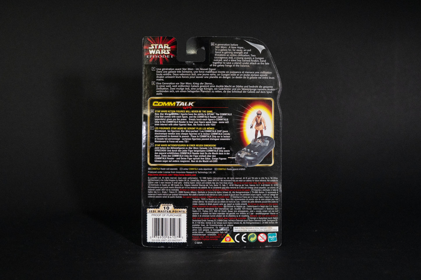 Qui-Gon Jinn (Jedi Master) with Lightsaber and Comlink Unit, Star Wars, Episode 1, Comm Talk Chip, Hasbro, 1999, Box Sealed