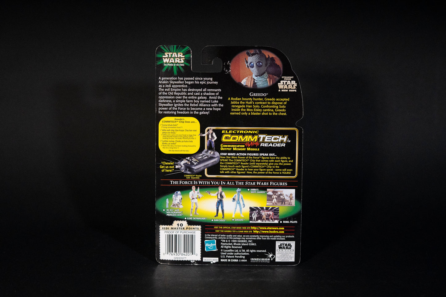 Greedo with Blaster, Star Wars, The Power of the Force, Comm Talk Chip, Hasbro, 1999, Box Sealed