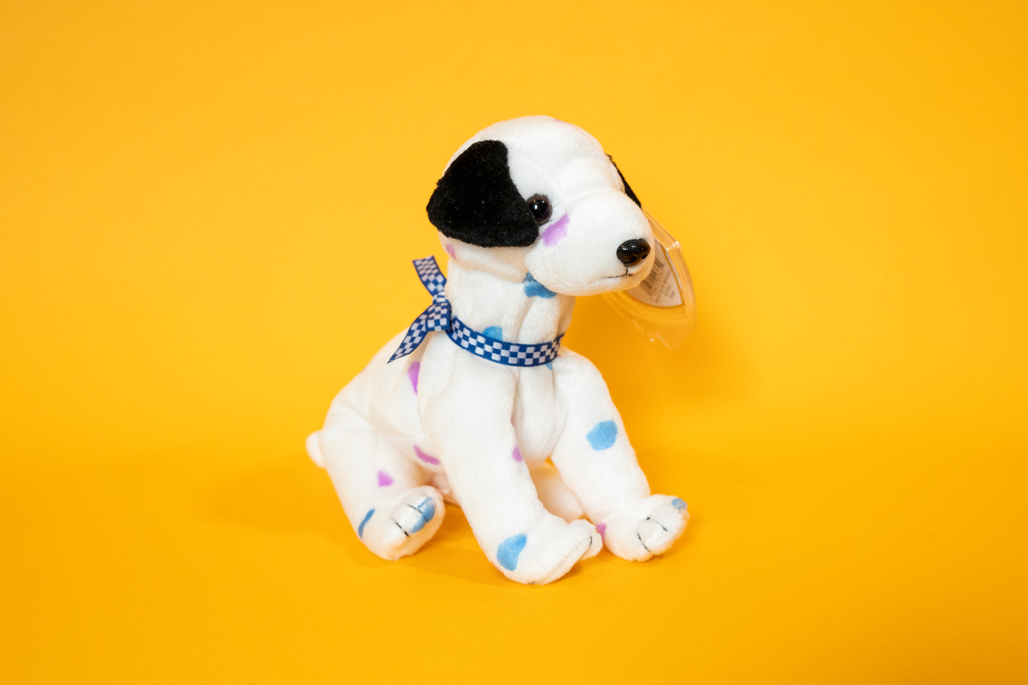 Dizzy (Dalmatian Dog - Purple & Blue Spots, Black Ears) - TY Beanie Babies - Tag in Protector - Excellent Condition