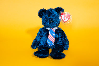 Pops - American Tie (Bear) - TY Beanie Babies - Tag in Protector - Excellent Condition