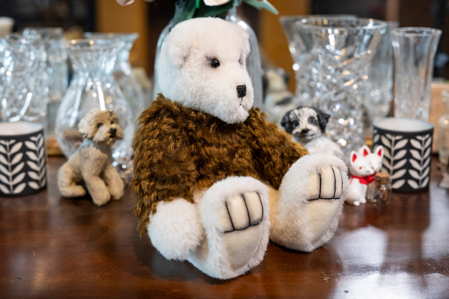 Handmade/Artist Mohair Teddy Bear - Tedi Ty Coed by Susan Davies, brown & white, 5 Joints, Aprox. 28cm