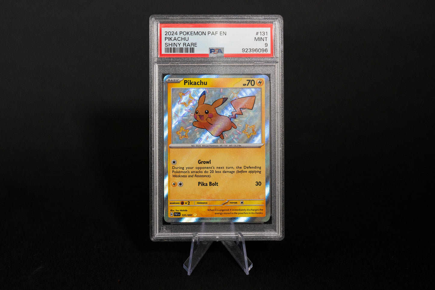 131/091, Pikachu, Paldean Fates, 2024, Holo Shiny Rare. Graded PSA 9 Mint, English